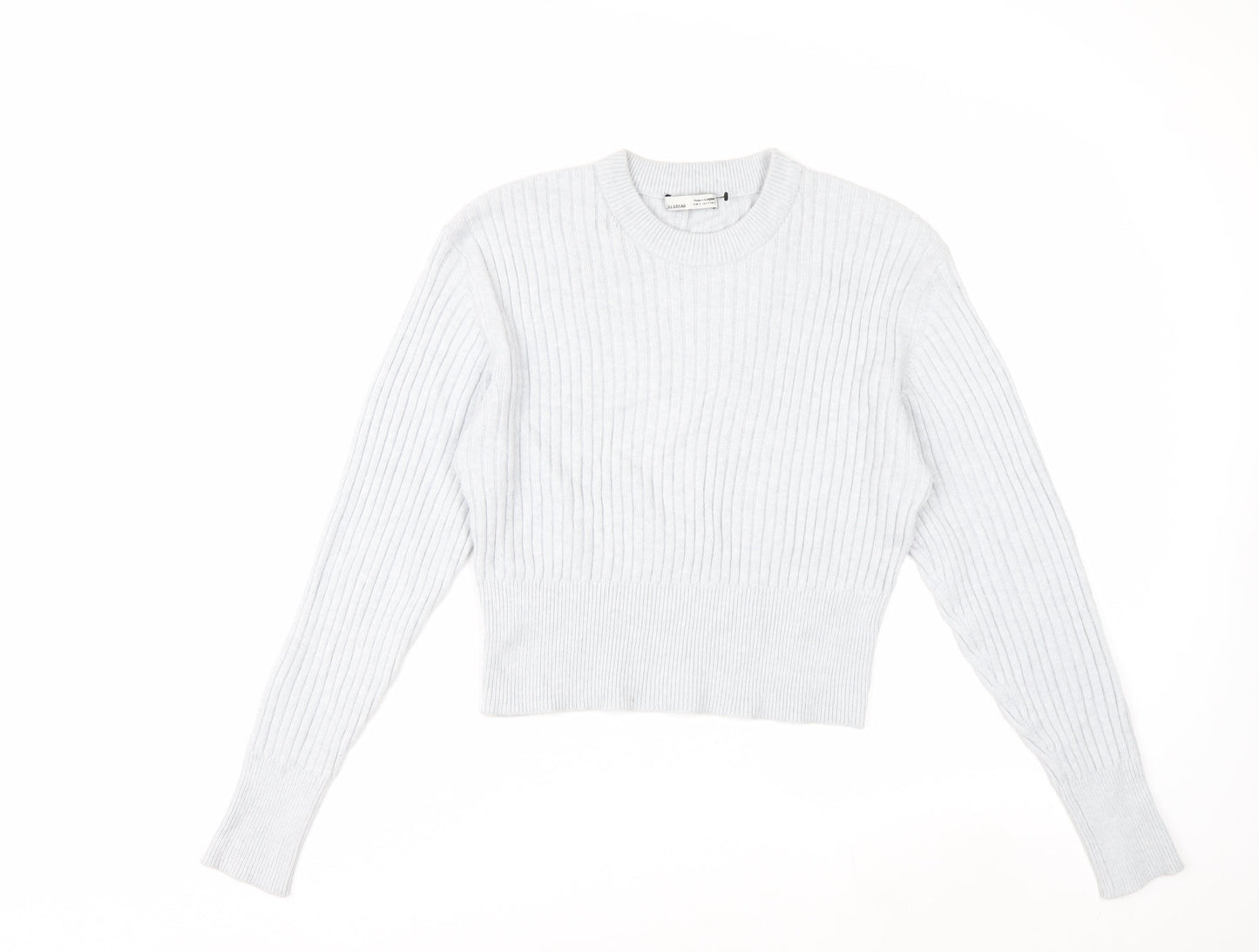 Pull&Bear Women's Grey Ribbed Knit Slim Fit Crew Neck Jumper Size S