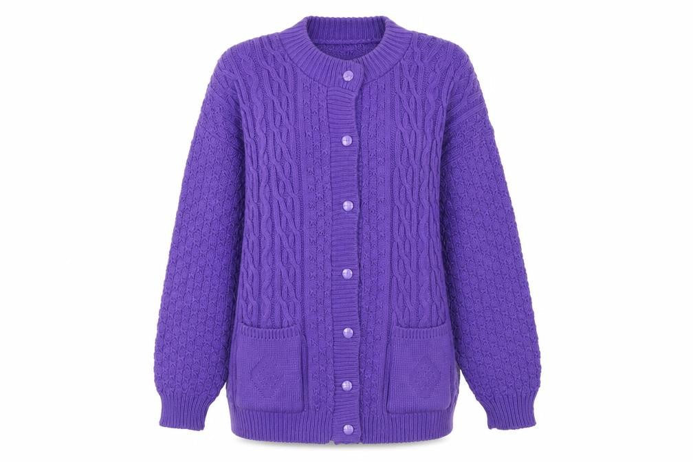 Insight Women Purple Cable Knit Cardigan M Acrylic Crew Neck