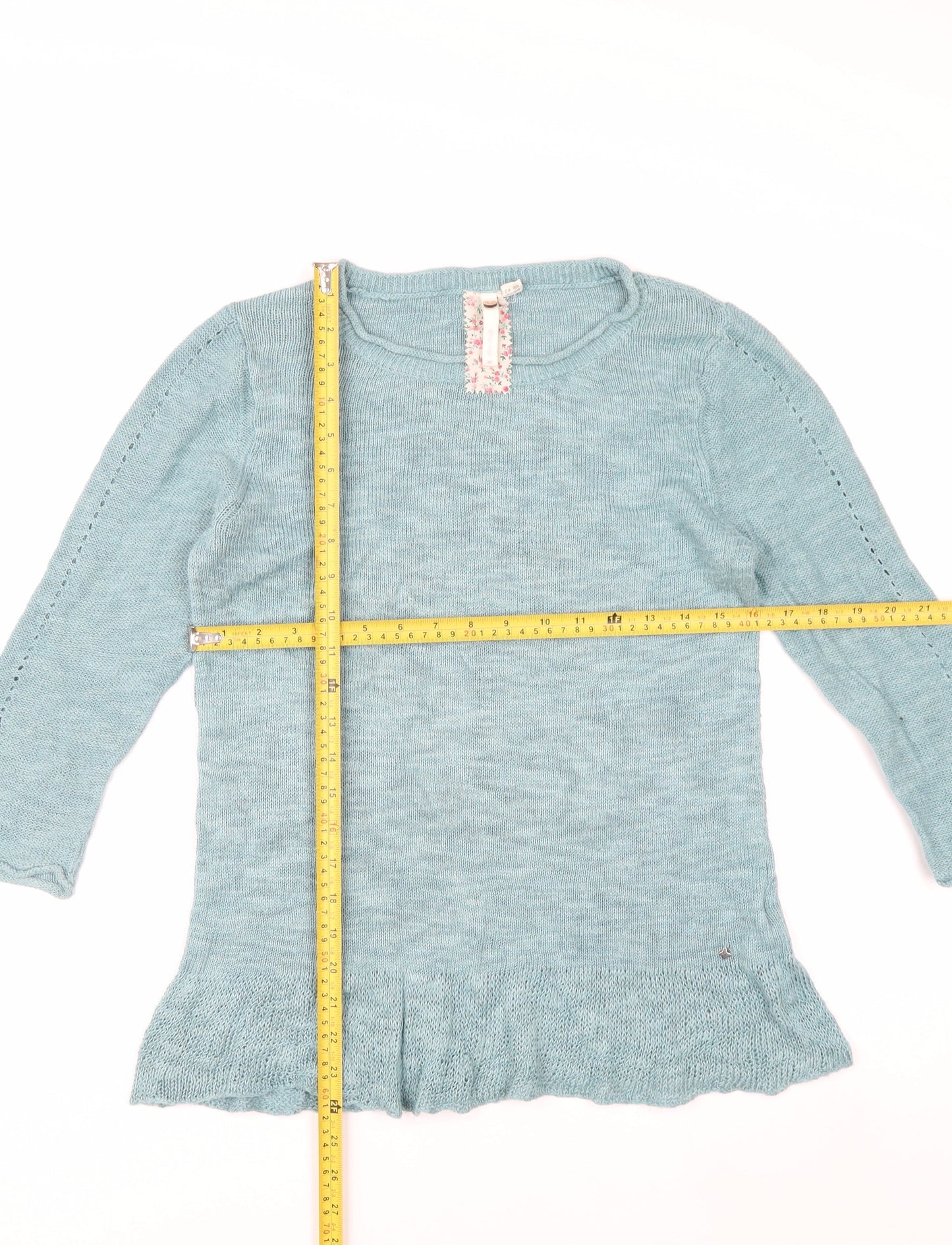 White Stuff Women Blue Linen Cotton Crew Neck Jumper Size 12