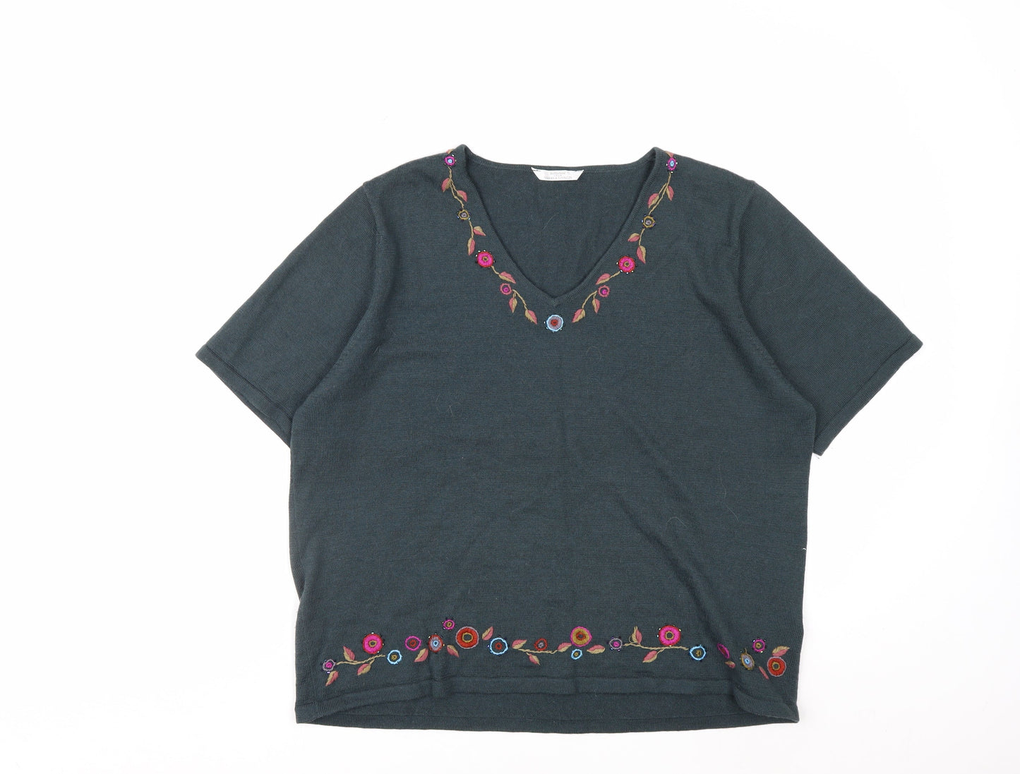 Marks & Spencer Women’s Green Floral Embroidered Wool Knit Top Size 22