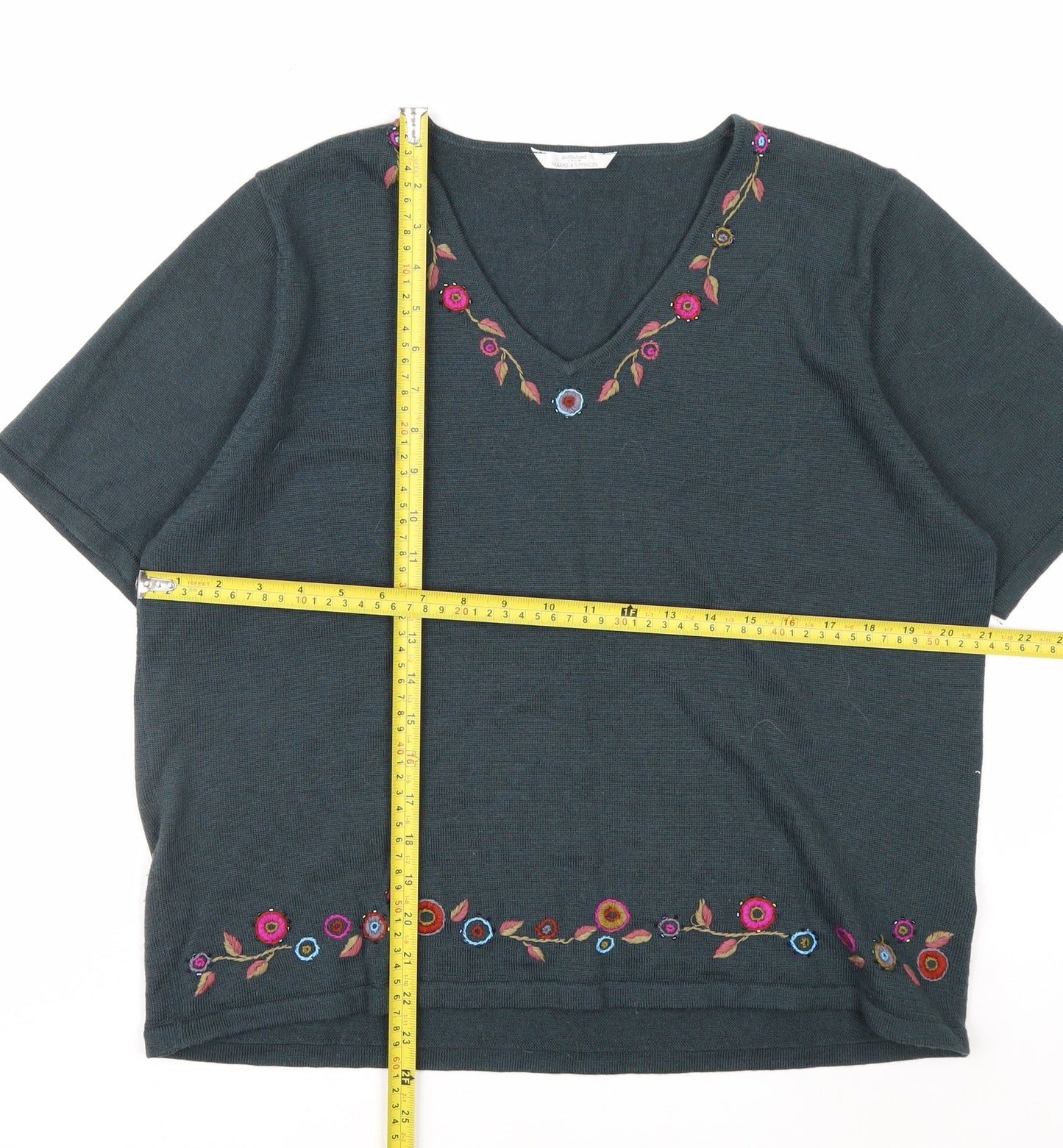 Marks & Spencer Women’s Green Floral Embroidered Wool Knit Top Size 22