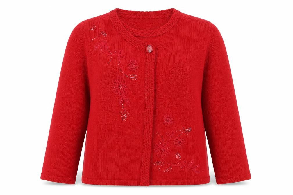 Casamia Women’s Red Floral Beaded Cardigan Plus Size Knitwear