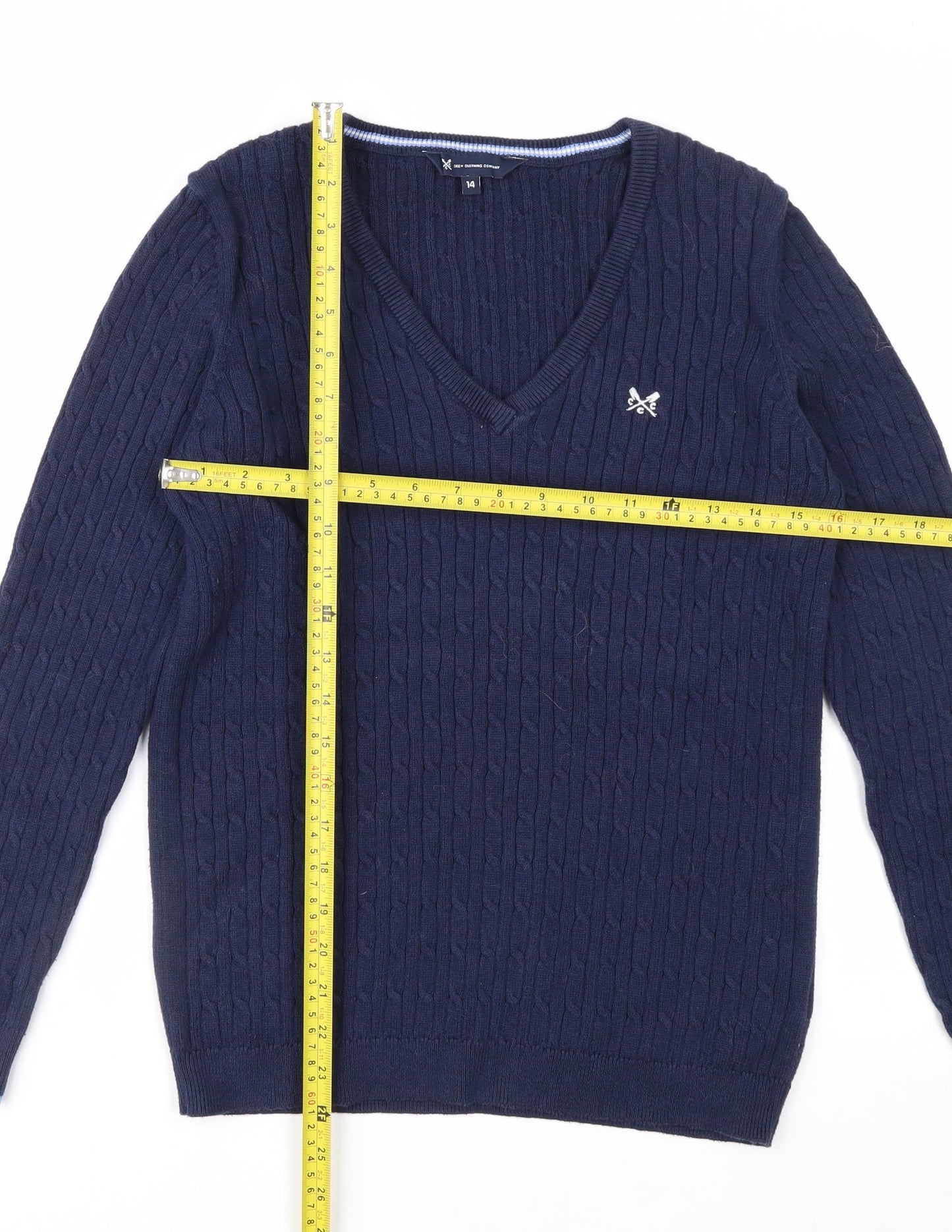 Crew Clothing Company Women Blue Size 14 V-Neck Cable-Knit Jumper