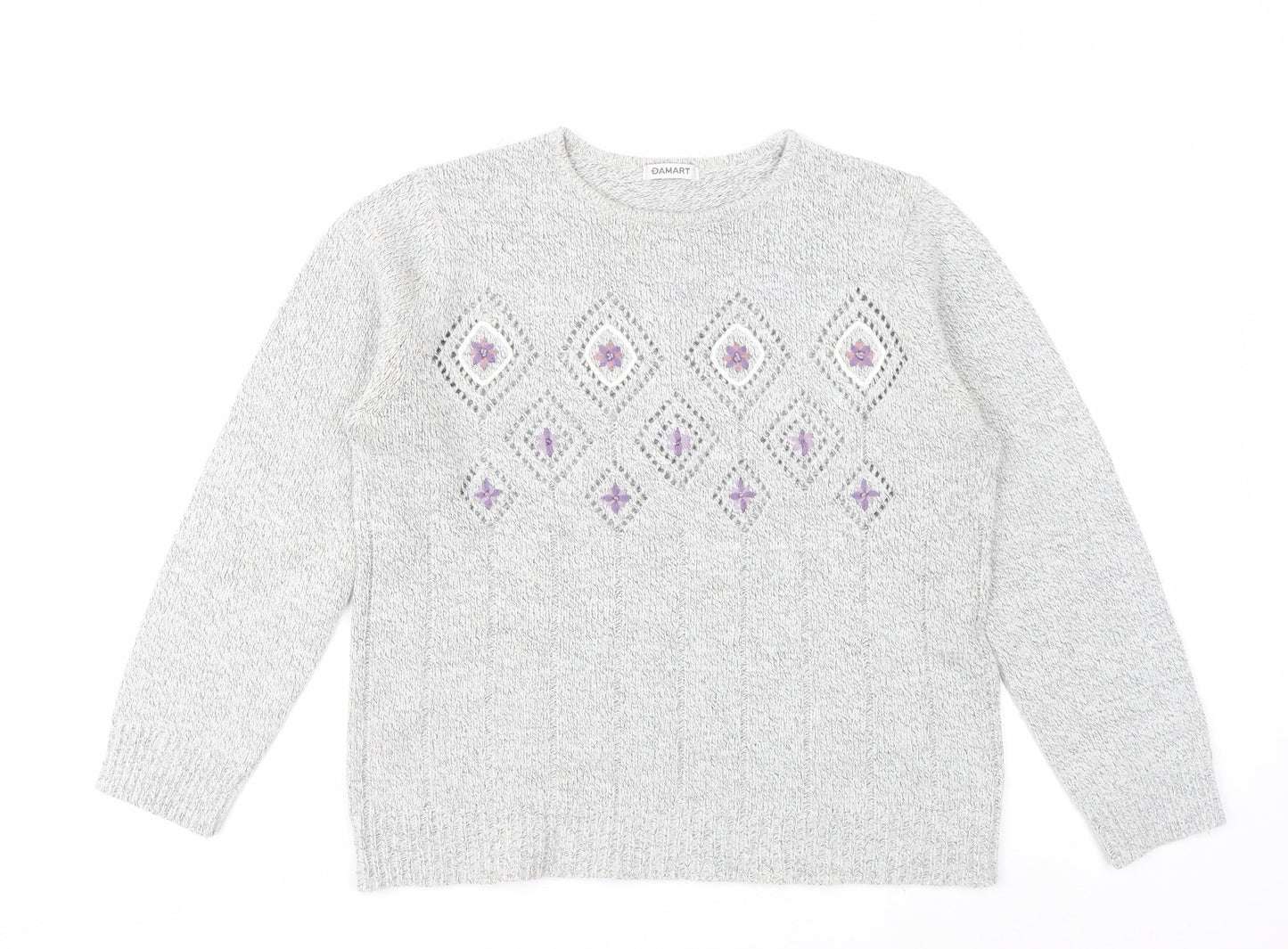 Damart Women Grey Embroidered Open-Knit Pullover Jumper Size 14/16