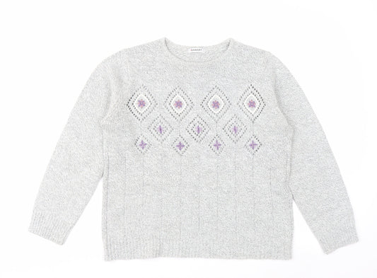 Damart Women Grey Embroidered Open-Knit Pullover Jumper Size 14/16