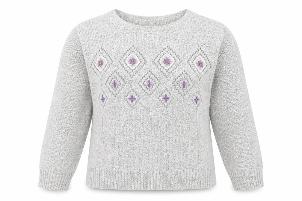 Damart Women Grey Embroidered Open-Knit Pullover Jumper Size 14/16