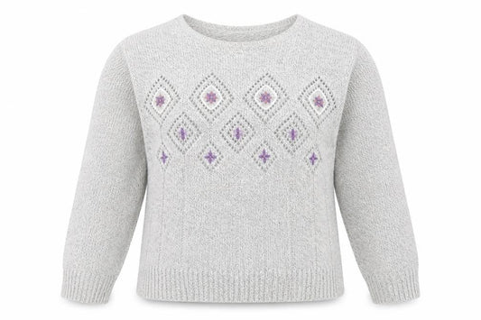 Damart Women Grey Embroidered Open-Knit Pullover Jumper Size 14/16
