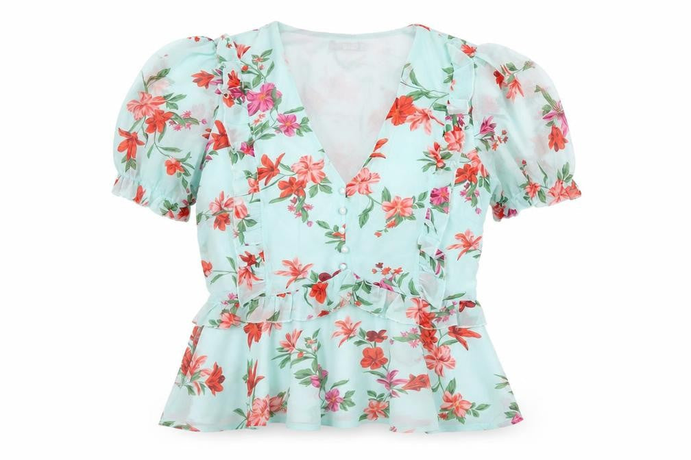 Quiz Women’s Blue Floral Wrap Blouse Size 12 Puff Sleeve