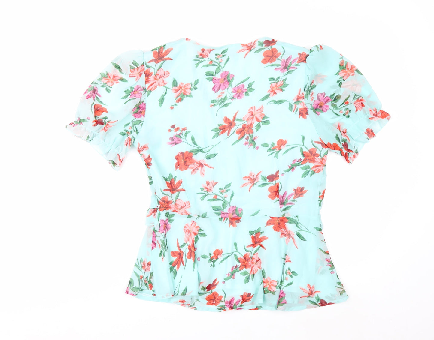 Quiz Women’s Blue Floral Wrap Blouse Size 12 Puff Sleeve