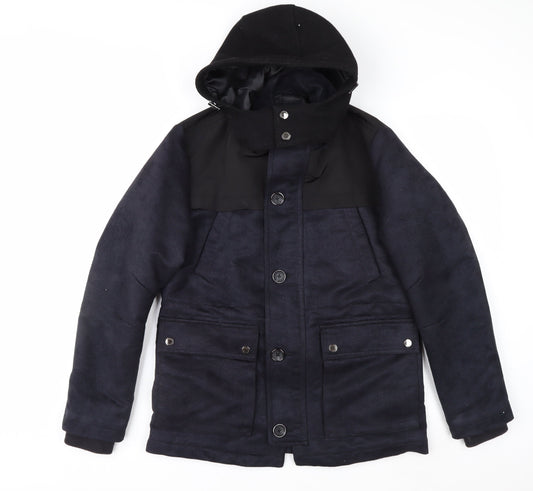 G2000 Men Blue Hooded Wool Trim Winter Parka Jacket Size 36