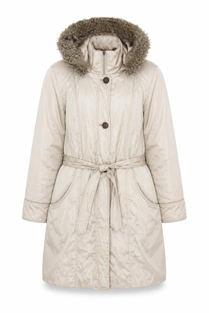 Marks & Spencer Women’s Beige Parka Coat L Fur Trim Hood Belted Long