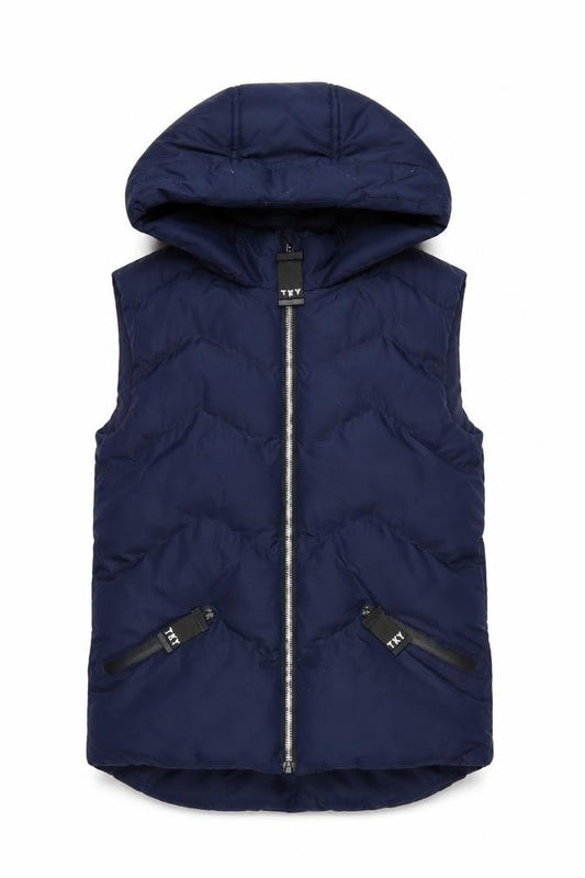 Front view of Tokyo Laundry girls’ blue hooded puffer gilet, size 13, years