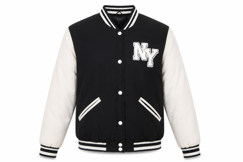 Front view of Primark boys’ black varsity jacket 14-15 years ny logo button up