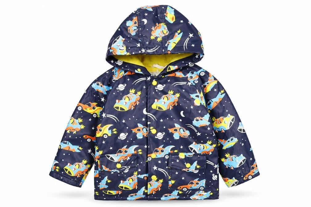 Front view of Hatley boys’ blue space cars waterproof hooded rain coat, size 4, years