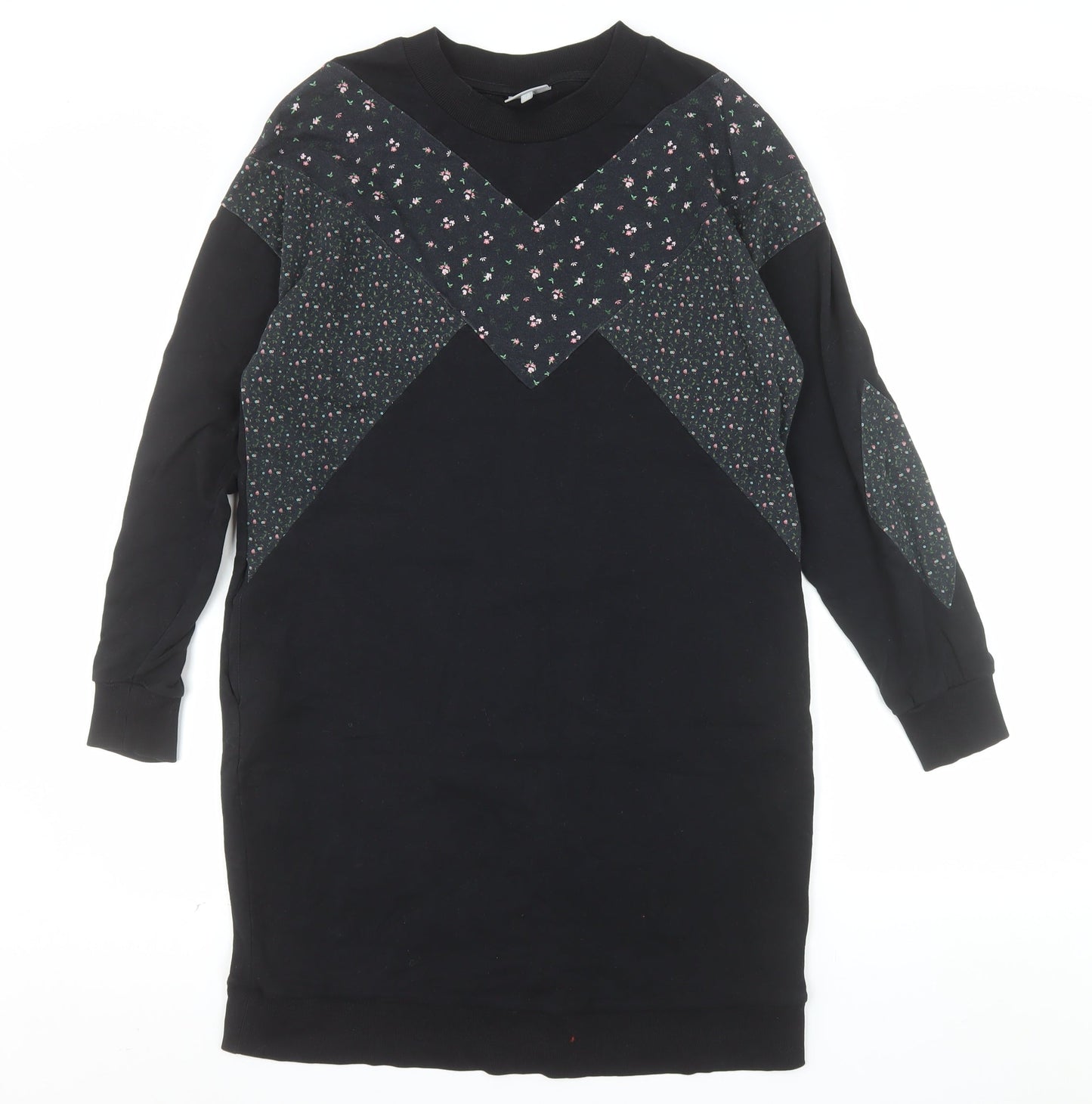 Oliver Bonas Womens Black Floral Panel Long Sleeve Pullover Sweatshirt Dress UK 12