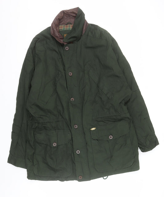 Bass Men's Green Cotton Field Jacket L Leather Collar Outdoor Style