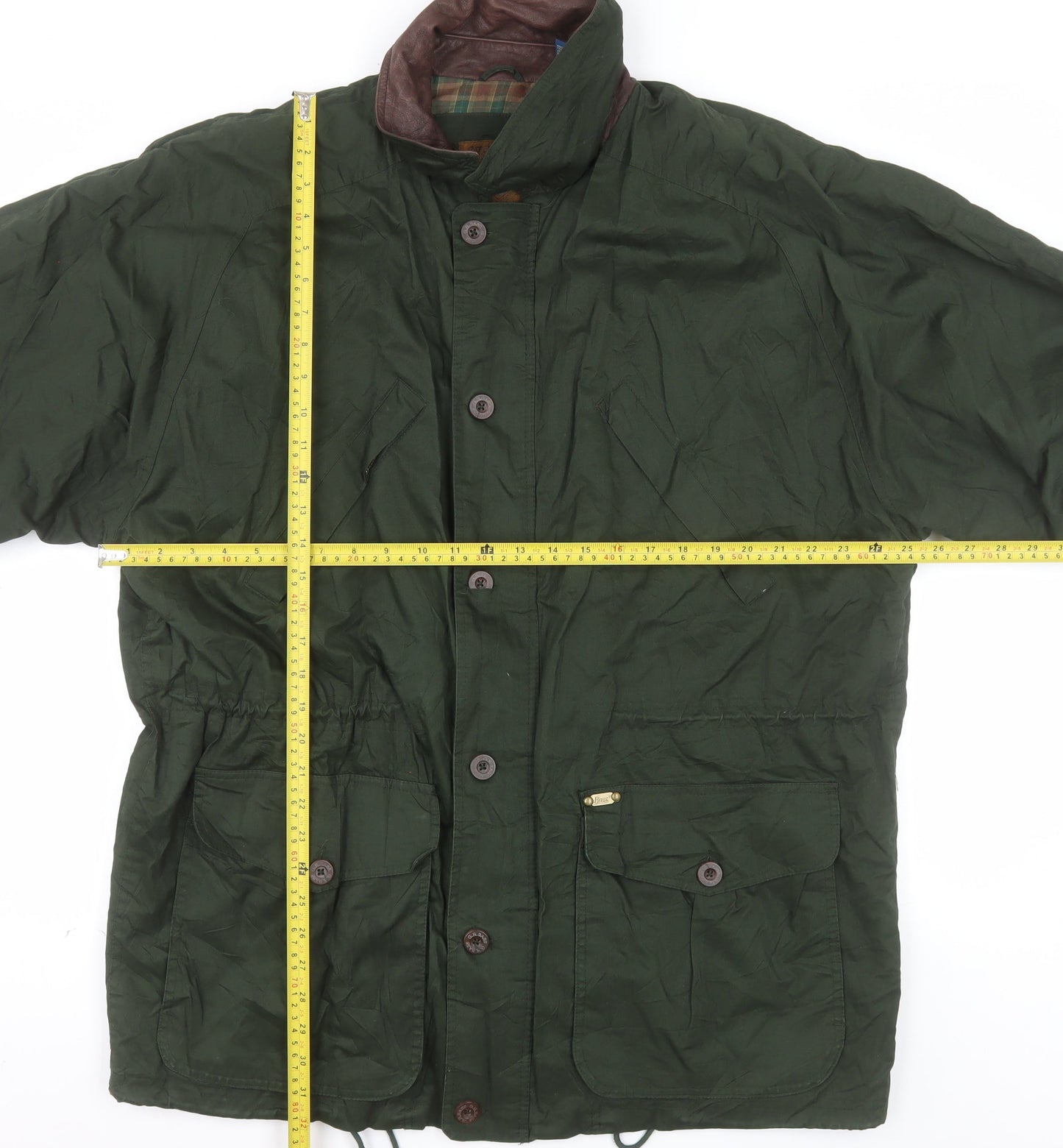 Bass Men's Green Cotton Field Jacket L Leather Collar Outdoor Style