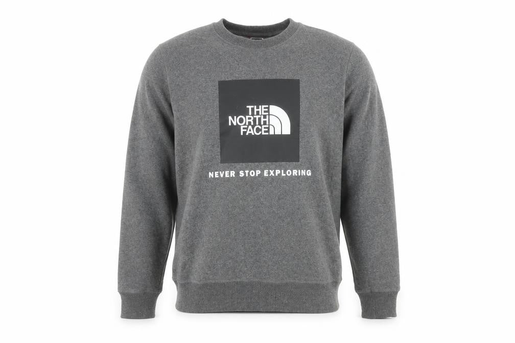 Front view of The North Face boys’ grey pullover fleece sweatshirt l graphic logo