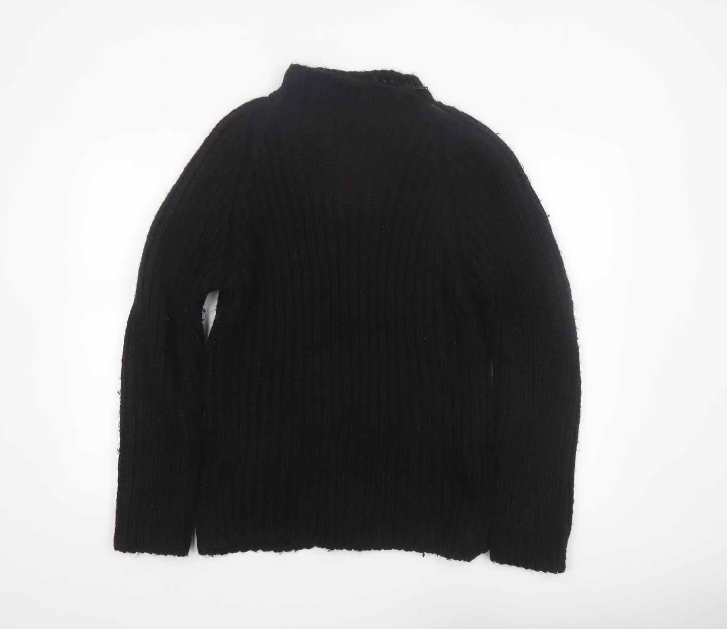 Zara Women Black Wool Blend Mock Neck Chunky Knit Pullover Jumper Size 14