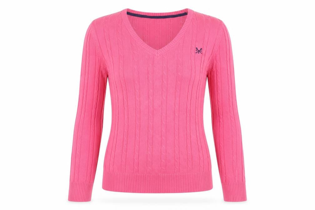 Crew Clothing Women Pink Cable-Knit V-Neck Jumper Size 8 Cotton