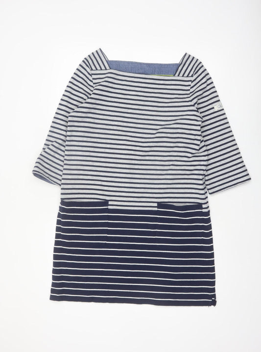Joules Women Blue Striped Cotton Shift Dress UK 12 3/4 Sleeve Nautical