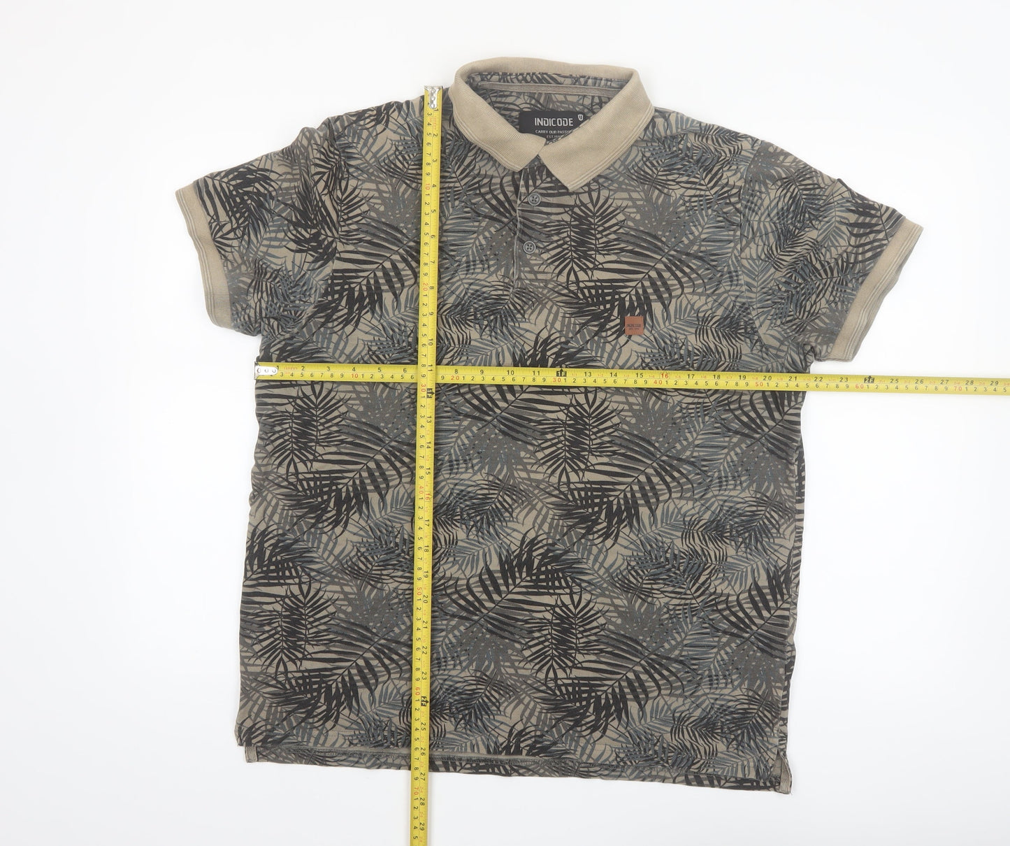 Indicode Men’s Beige Tropical Leaf Print Polo Shirt Size L