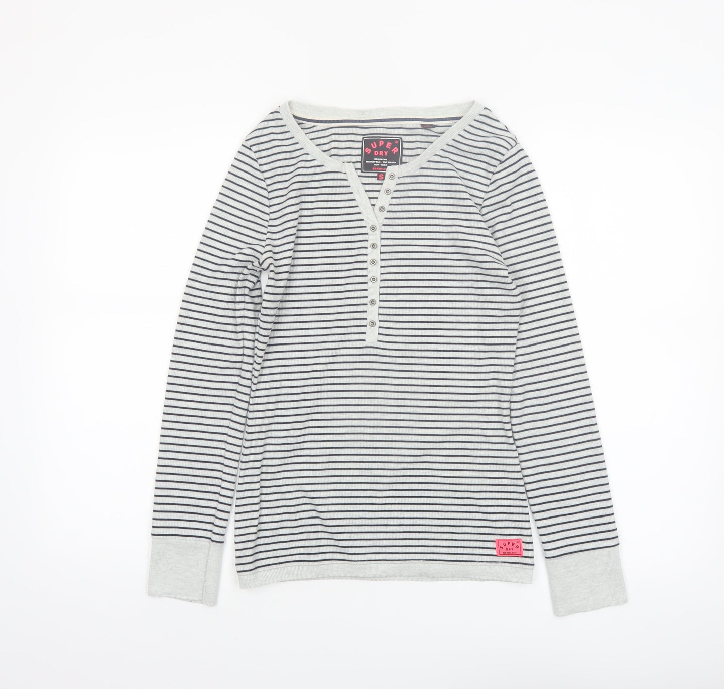 Superdry Women White Striped Henley Long Sleeve Jersey Top S