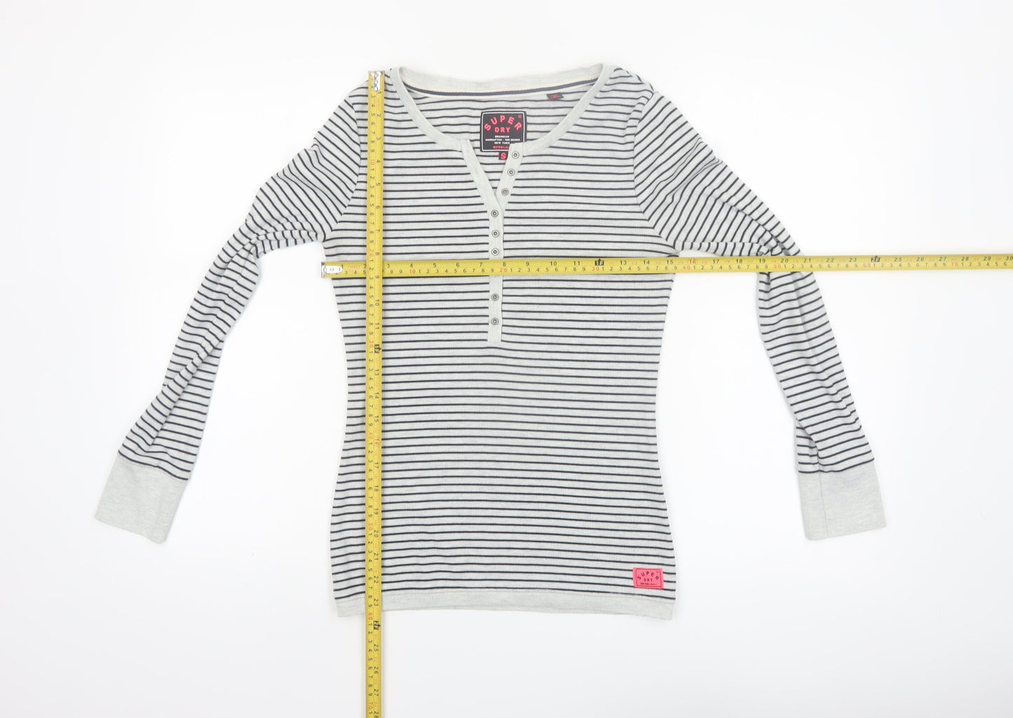 Superdry Women White Striped Henley Long Sleeve Jersey Top S