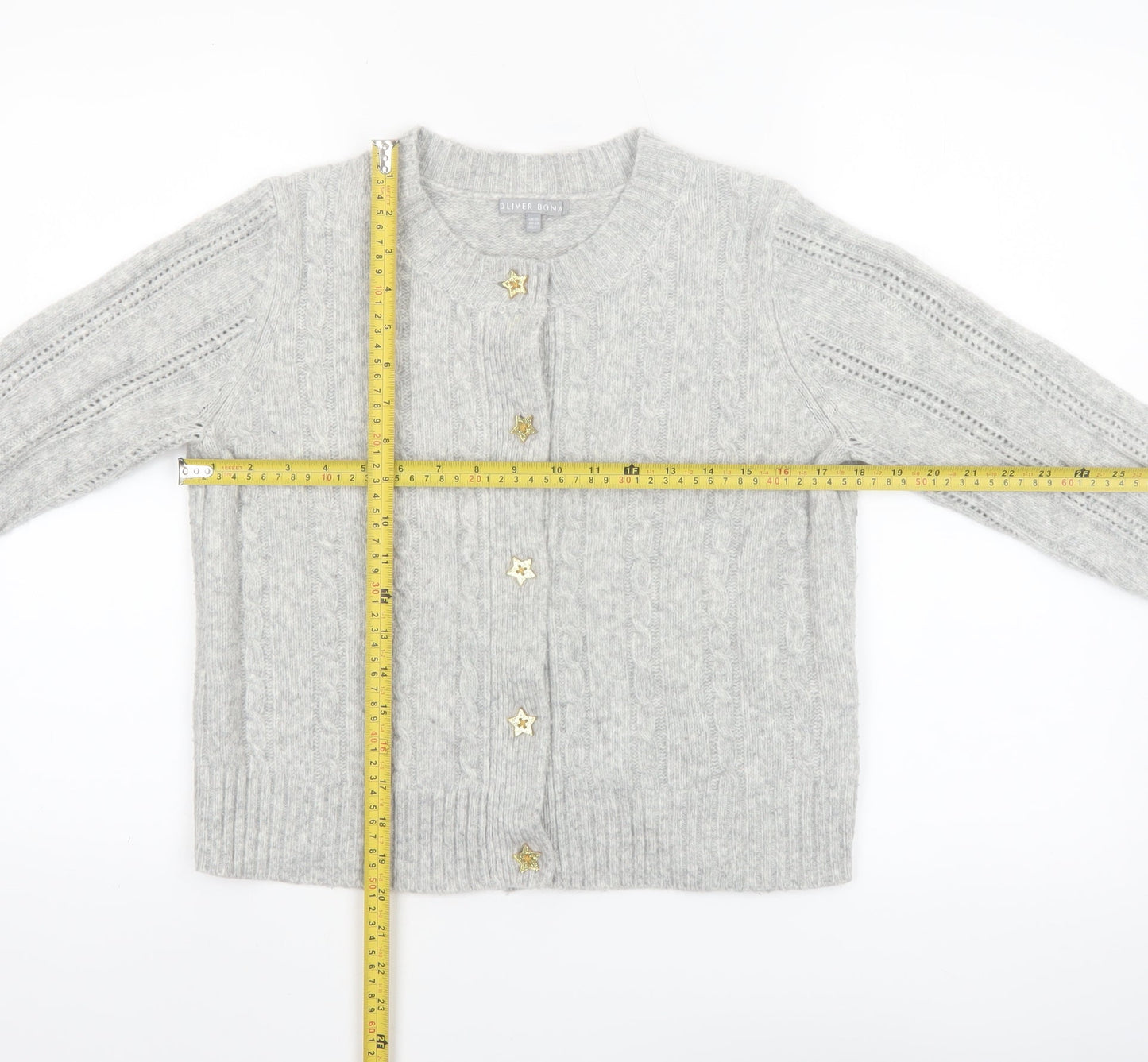 Oliver Bonas Women Grey Cable-Knit Cardigan UK10 Wool Blend