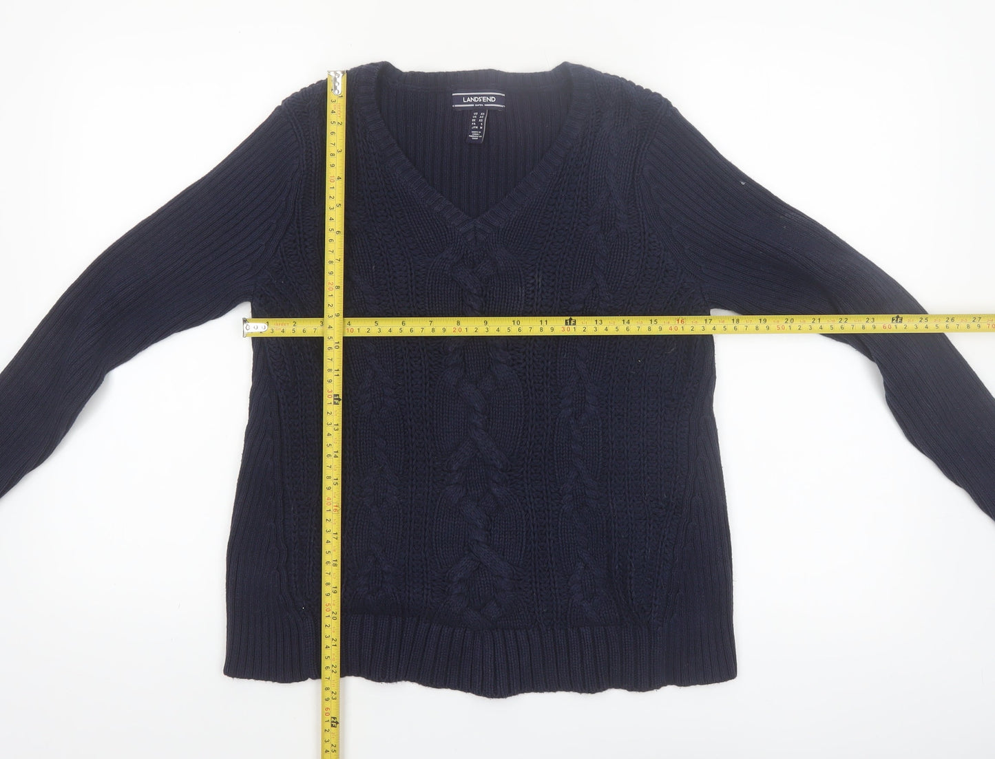 Lands' End Women's Blue Cable-Knit Cotton V-Neck Jumper XS