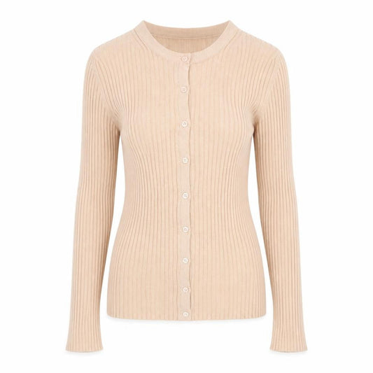 Front view of French Connection women’s beige xs ribbed knit button cardigan