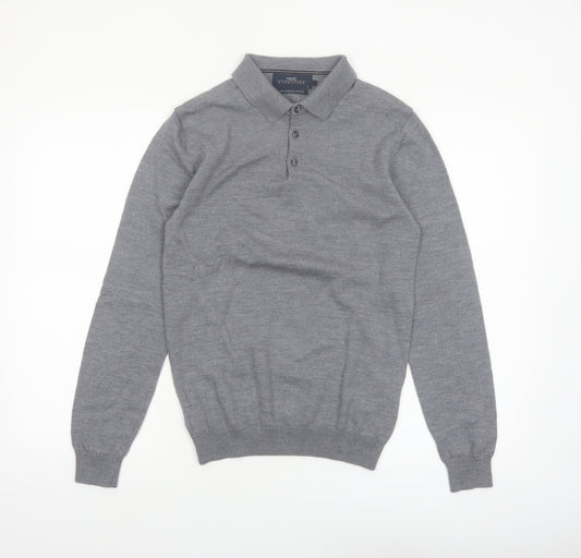 Next Men Grey Merino Wool Collared Henley Jumper Size S