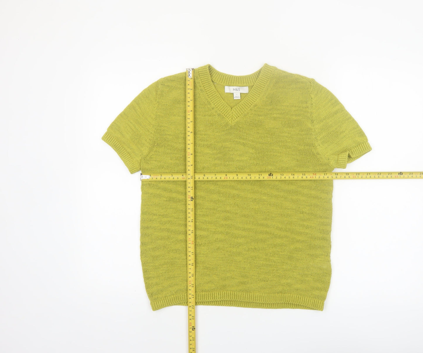 Marks and Spencer Women's Green V-Neck Cotton Blend Short Sleeve Knit T-Shirt Small
