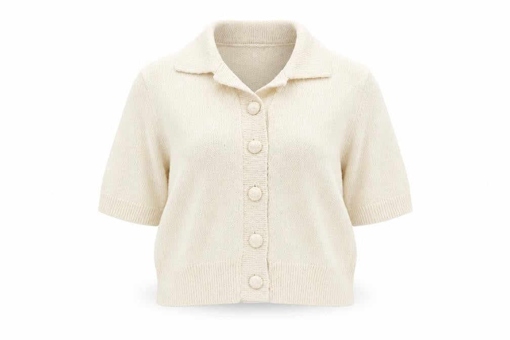 Marks & Spencer Women’s Beige Knit Short Sleeve Collared Button-Up Top Size S