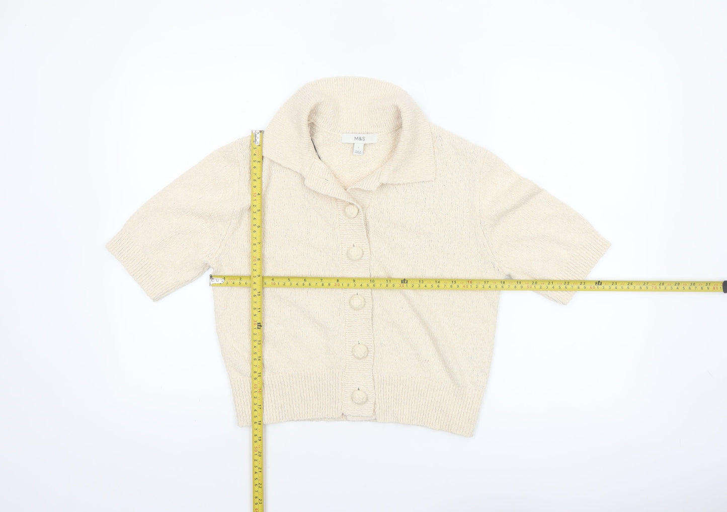 Marks and Spencer Women’s Beige Knit Short Sleeve Collared Button-Up Top Size S
