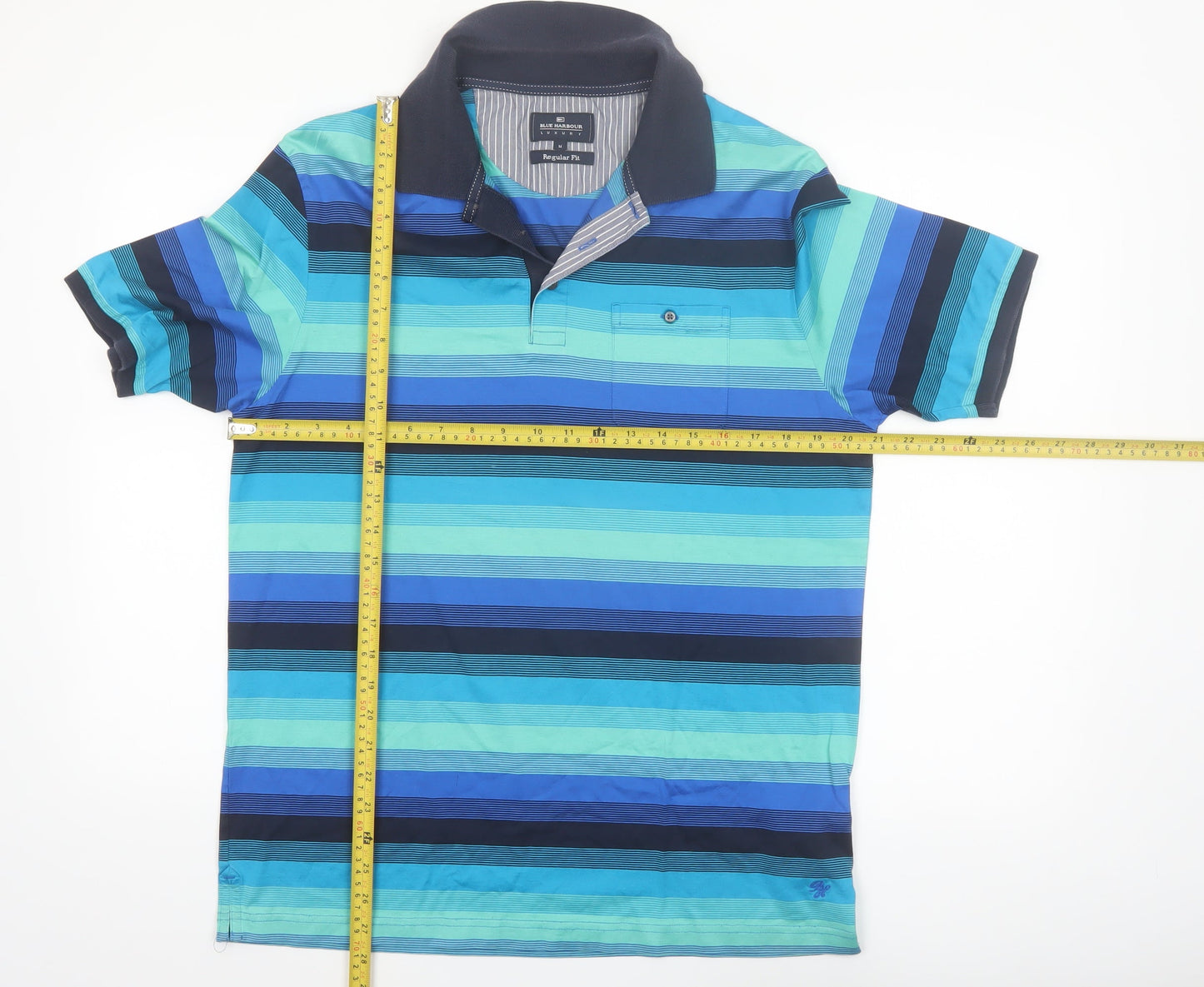 Marks and Spencer Blue Harbour Men's Blue Striped Regular Fit Polo Shirt M