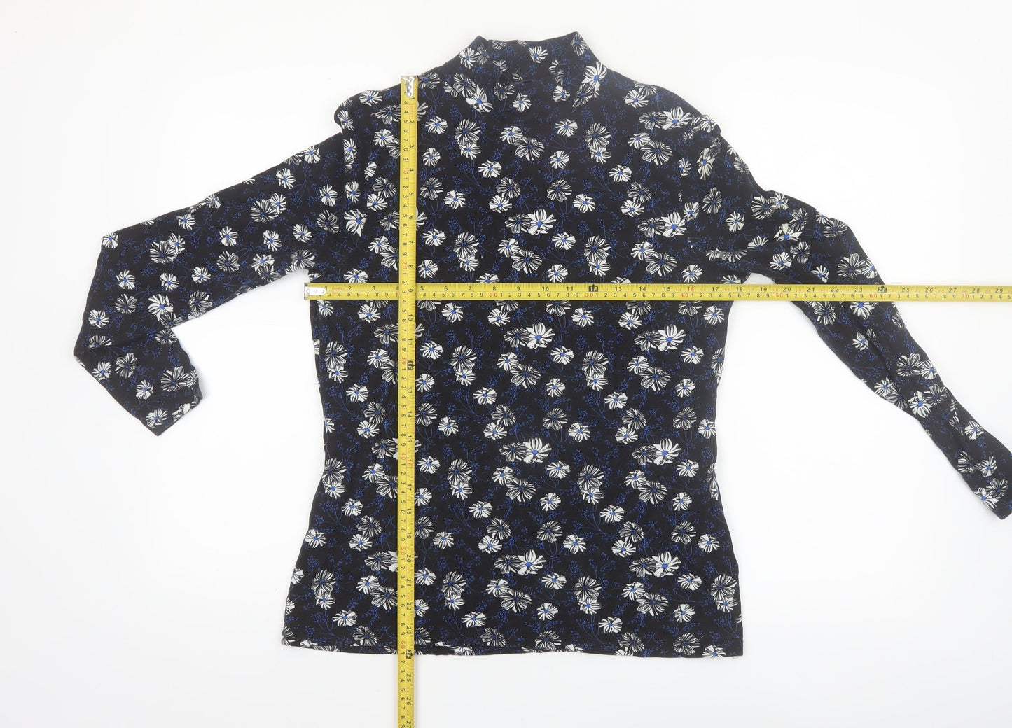 Marks and Spencer Women Black Floral Roll Neck Long Sleeve Jersey Top Size 16