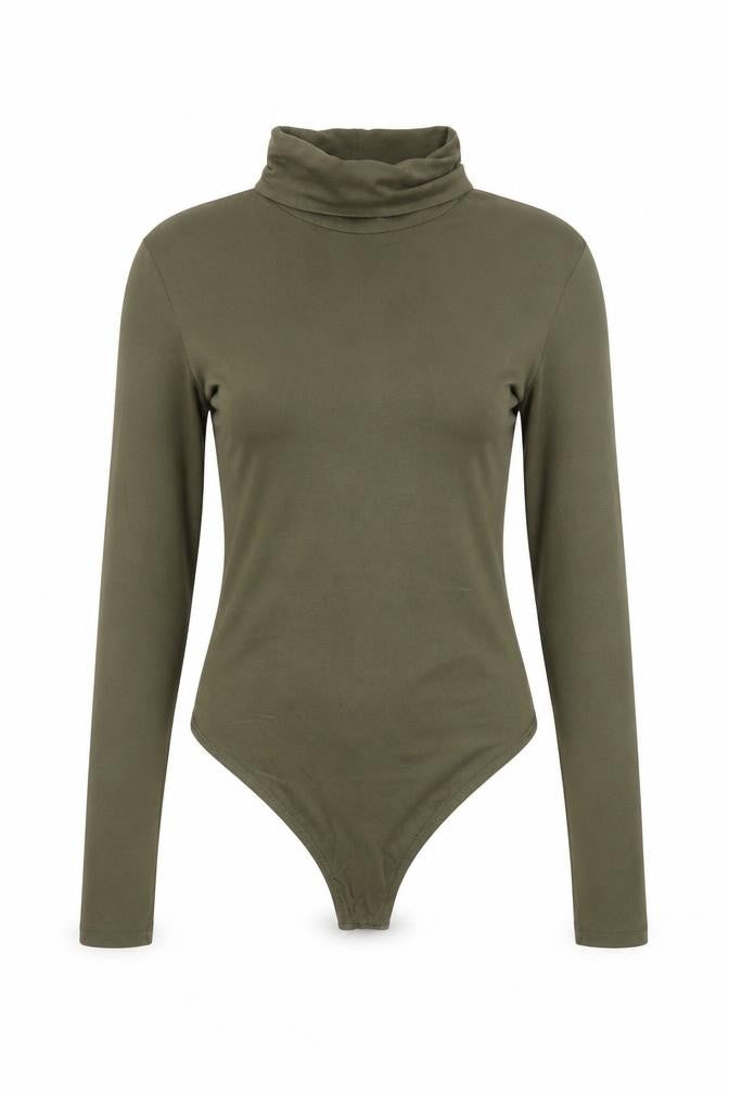 Boohoo Women Khaki Long Sleeve Bodysuit UK 10 Cotton Stretch