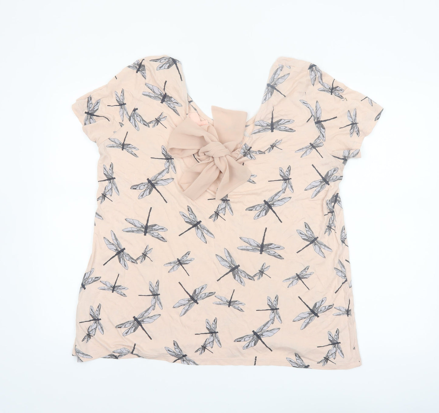 Next Women’s Beige Dragonfly Print Bow Back Viscose T-Shirt Size 16