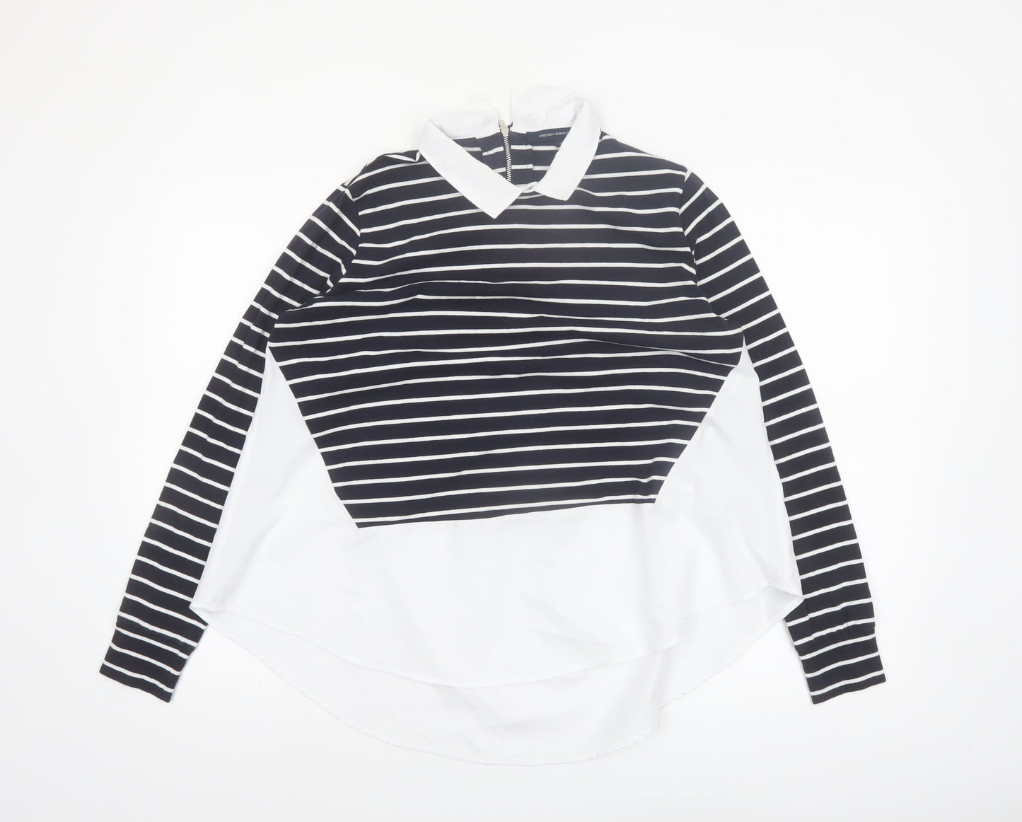 French Connection Women's Black Striped Collared Long Sleeve Blouse Size S