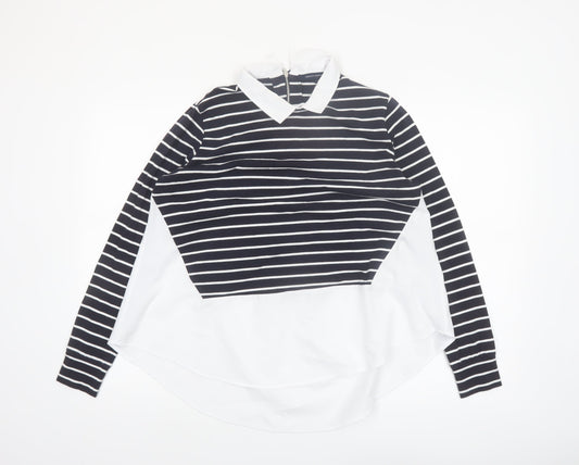 French Connection Women's Black Striped Collared Long Sleeve Blouse Size S