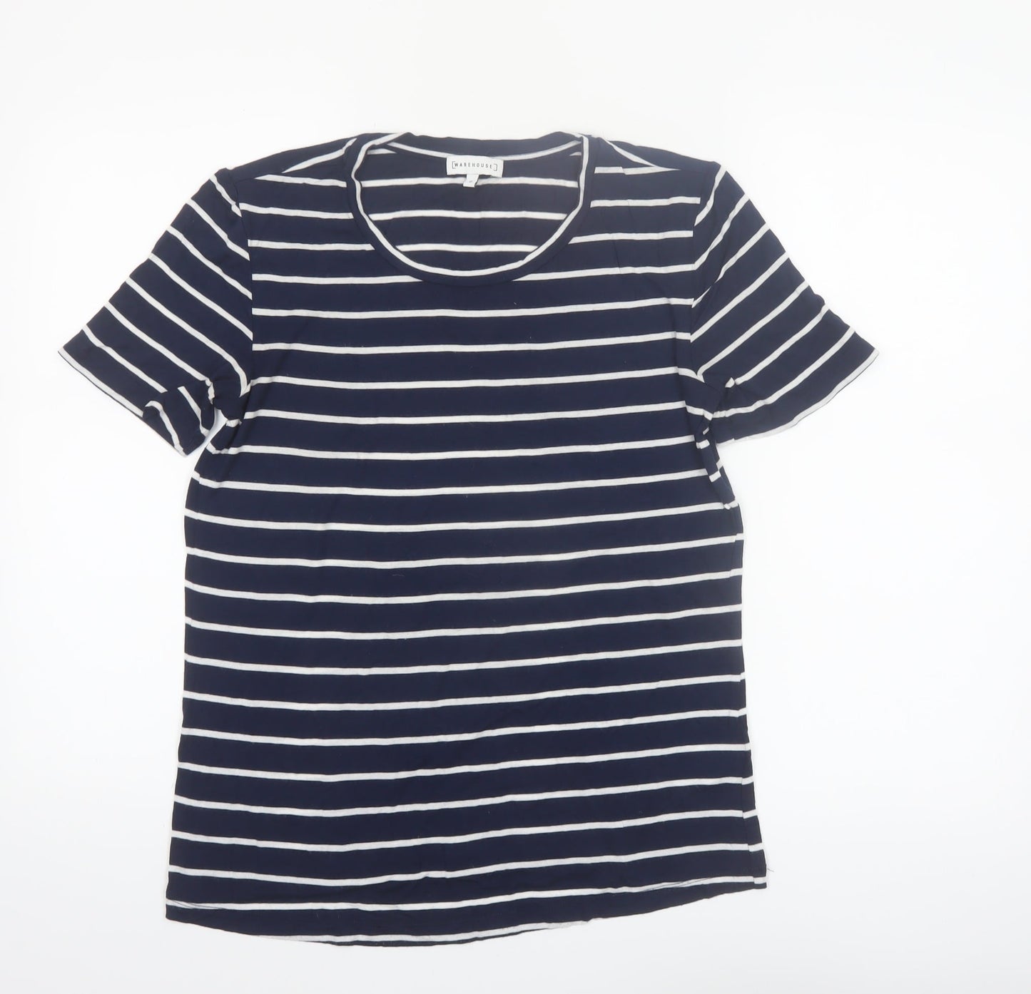 Warehouse Women Blue Striped Crew Neck Short Sleeve T-Shirt Size 10