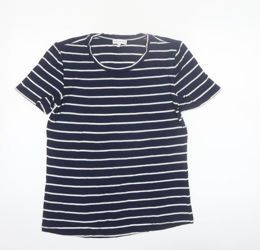 Warehouse Women Blue Striped Crew Neck Short Sleeve T-Shirt Size 10