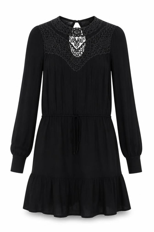 Warehouse Women’s Black Crochet Detail Long Sleeve Short Dress Size 6