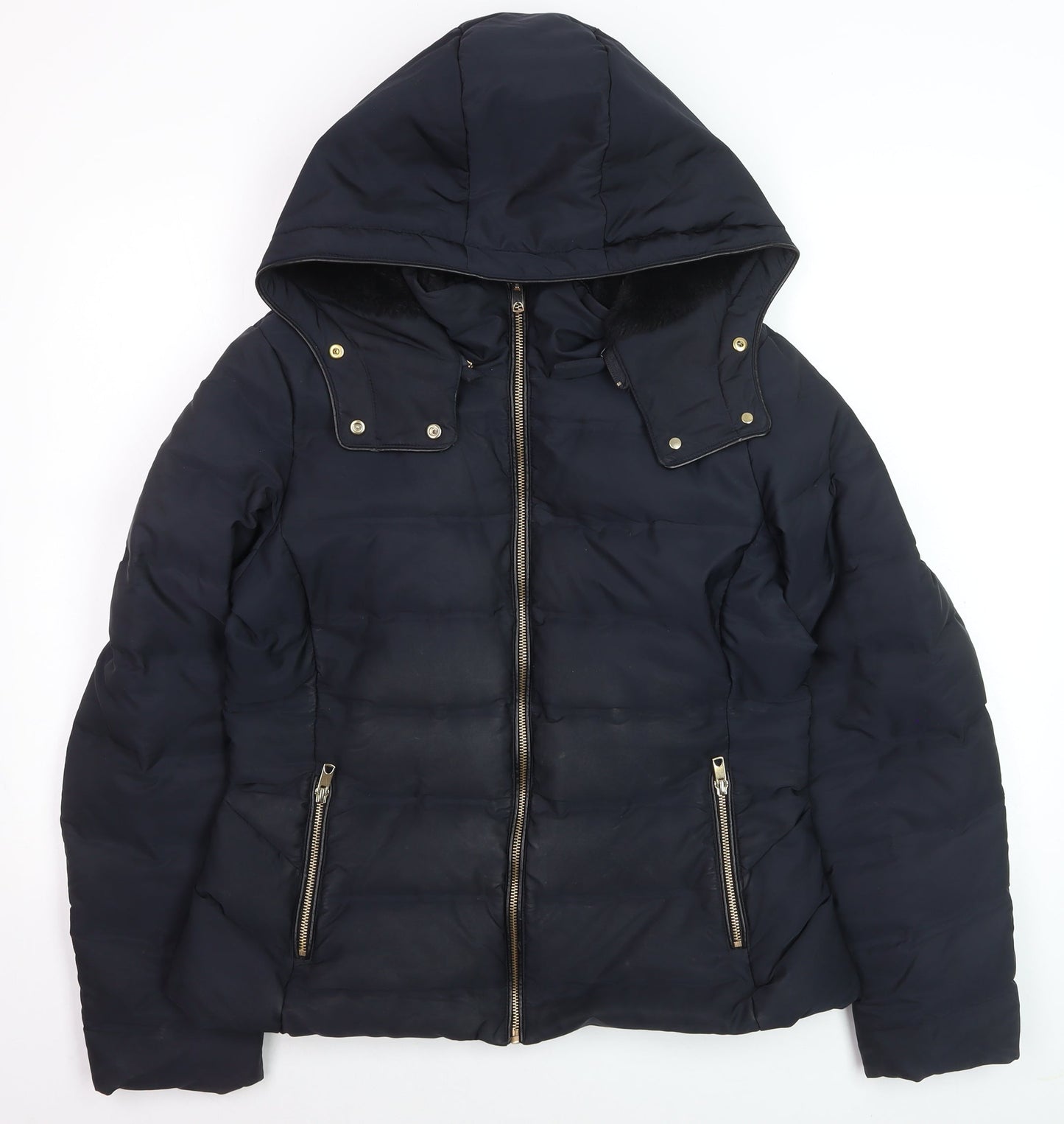 ZARA Women Black Puffer Jacket Hooded Lined Size 14