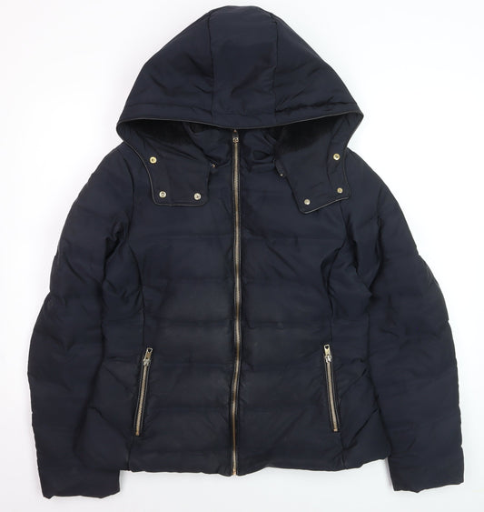 ZARA Women Black Puffer Jacket Hooded Lined Size 14