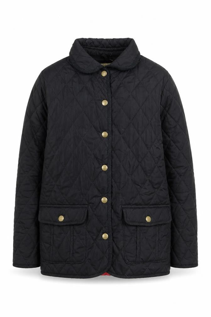 Front view of Y.D boys’ black quilted mid-length jacket 10-11 years button lined coat