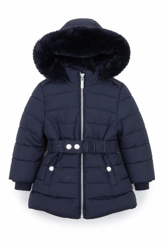 Front view of Maine New England girls’ blue hooded puffer coat 12-18 months winter warm jacket