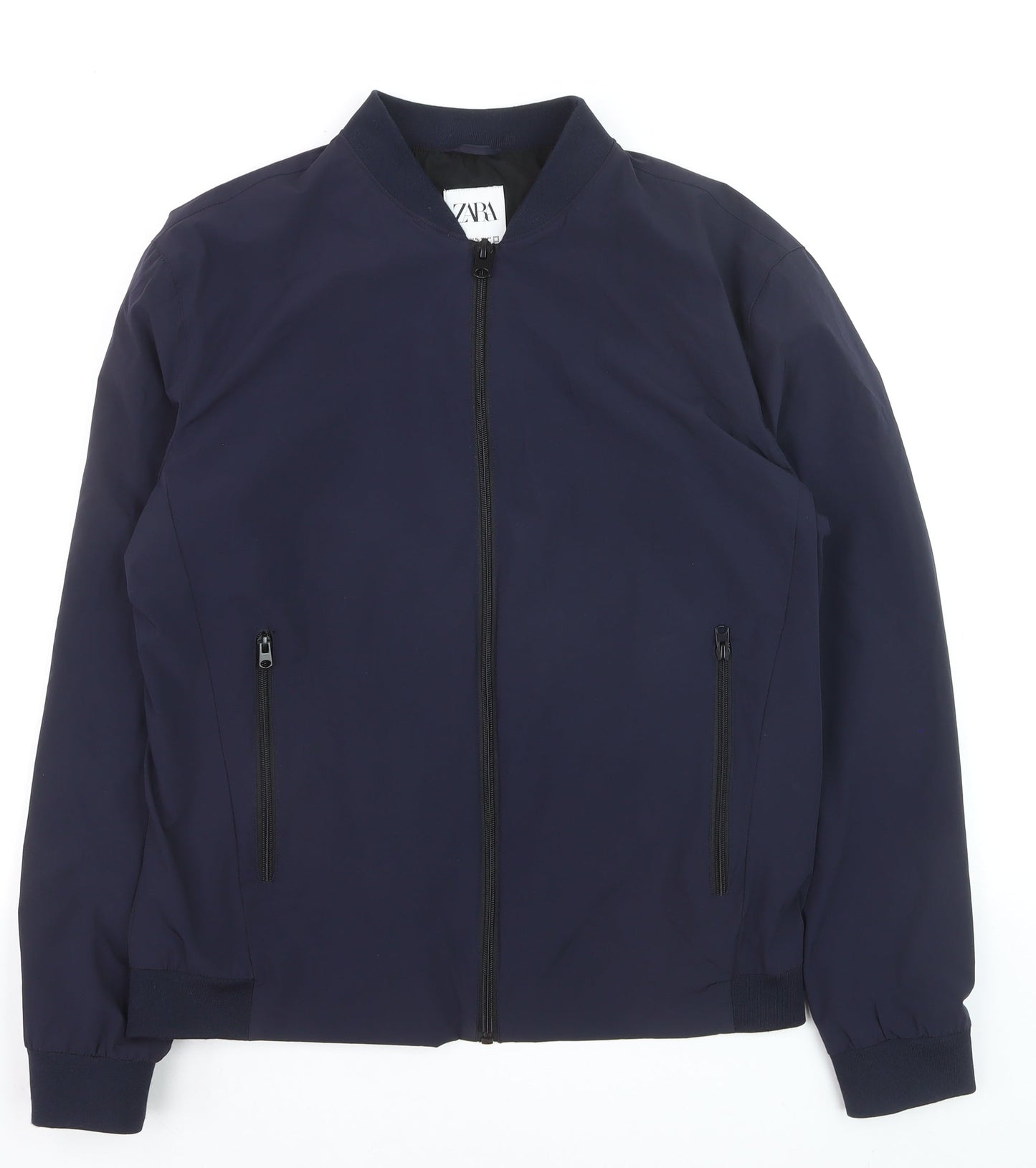 Zara Men Navy Blue Bomber Jacket XL Nylon Zip Pockets Casual