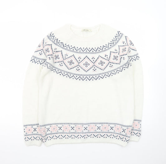 LCW Casual Women White Fair Isle Knit Jumper L Winter Pullover